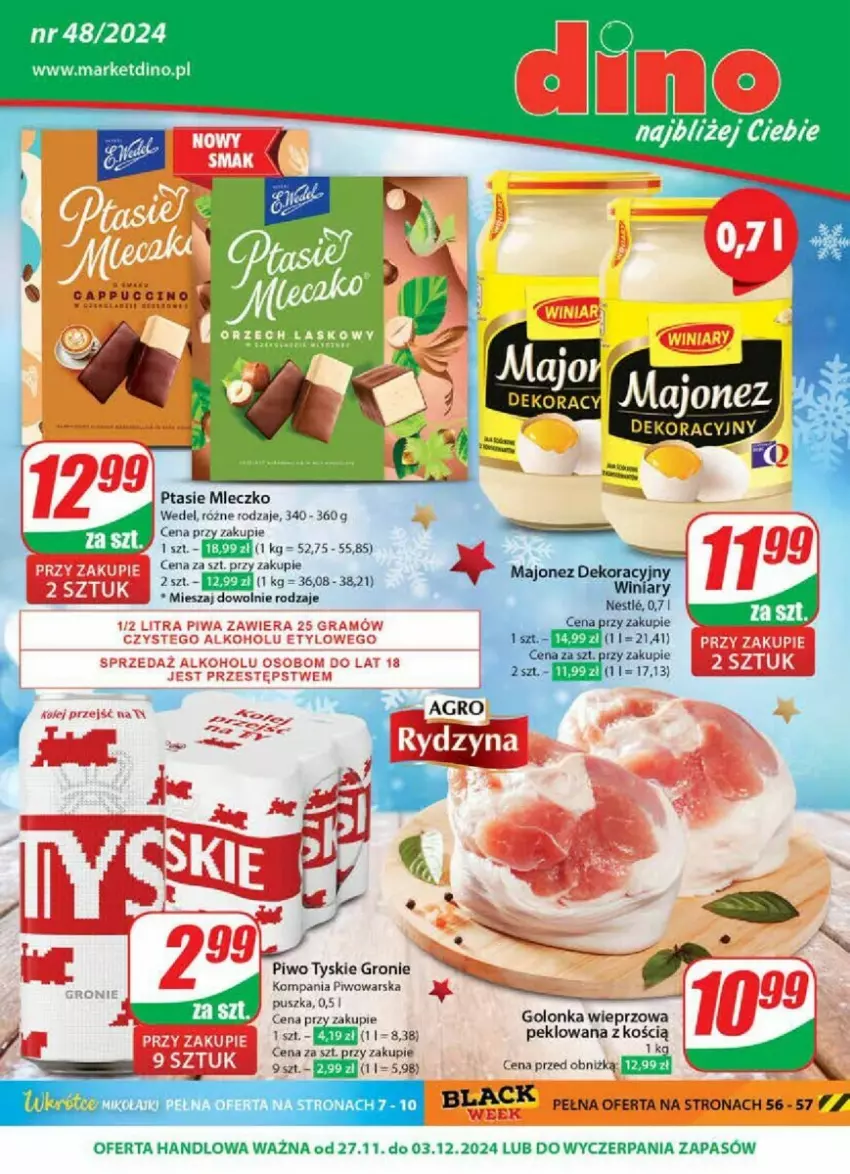 Gazetka promocyjna Dino - ważna 27.11 do 03.12.2024 - strona 1 - produkty: Cappuccino, Golonka wieprzowa, JBL, Lack, Mleczko, Piwo, Ptasie mleczko, Tyskie