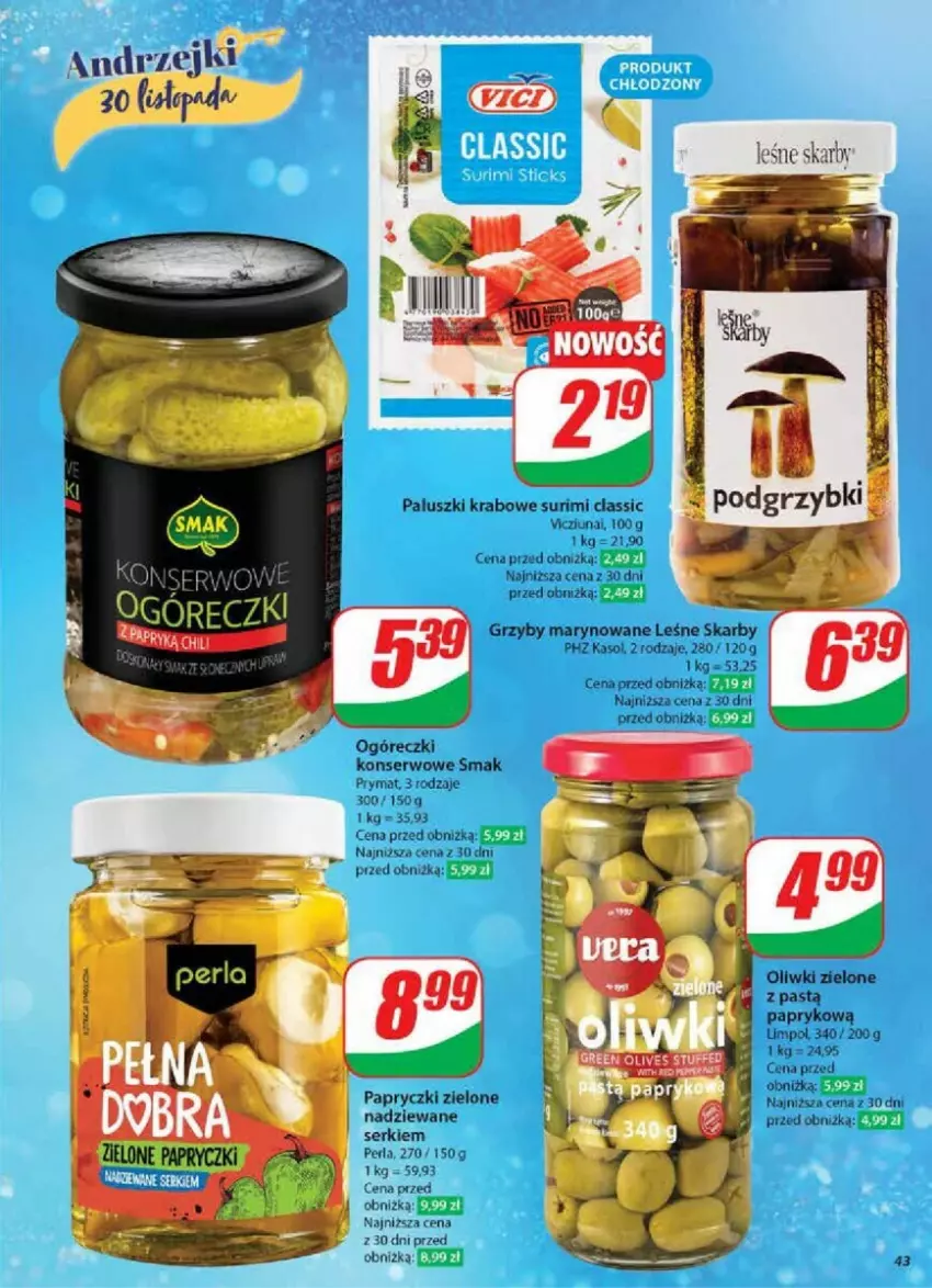 Gazetka promocyjna Dino - ważna 27.11 do 03.12.2024 - strona 38 - produkty: Grzyby, Grzyby marynowane, Oliwki, Oliwki zielone, Paluszki krabowe surimi, Prymat, Ser, Surimi