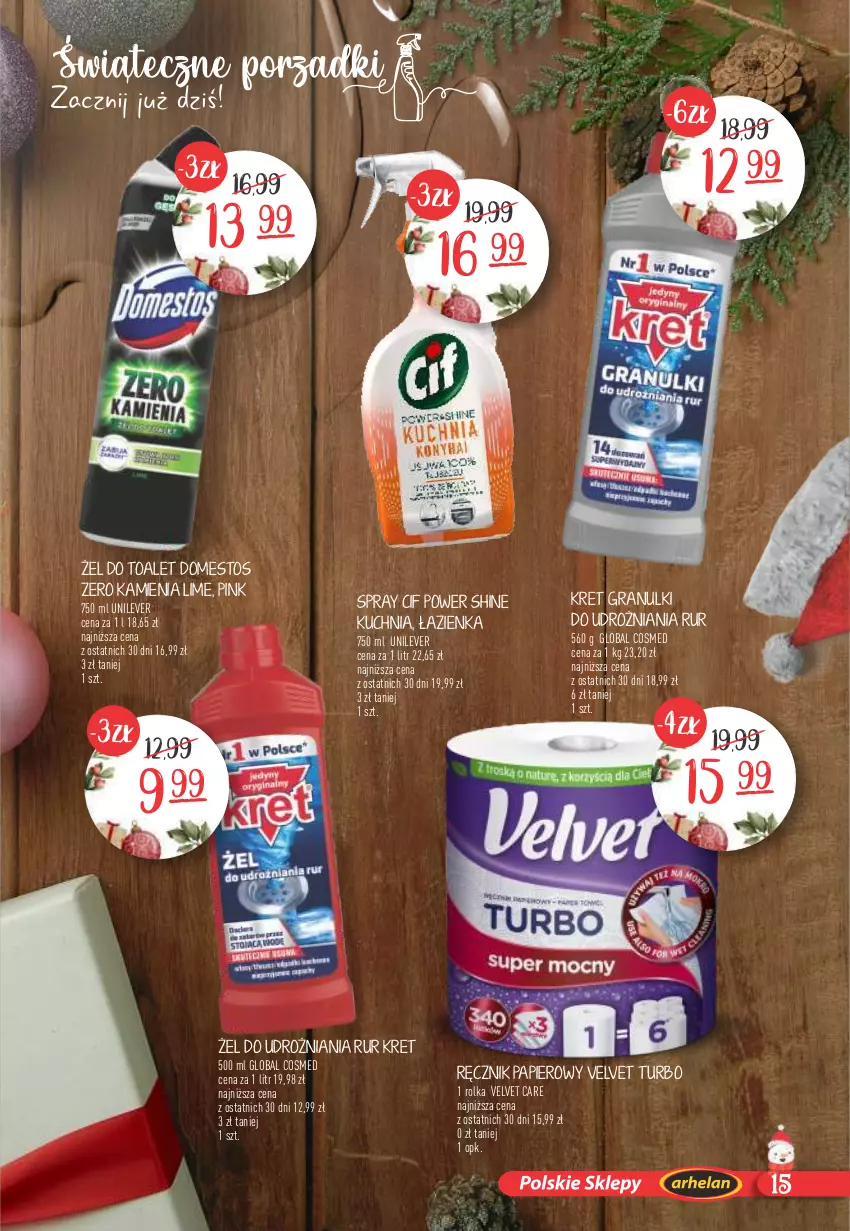 Gazetka promocyjna Arhelan - Gazetka - ważna 27.11.2023 do 07.01.2024 - strona 15 - produkty: Cif, Domestos, Gra, Kret, Kuchnia, Papier, Ręcznik, Velvet