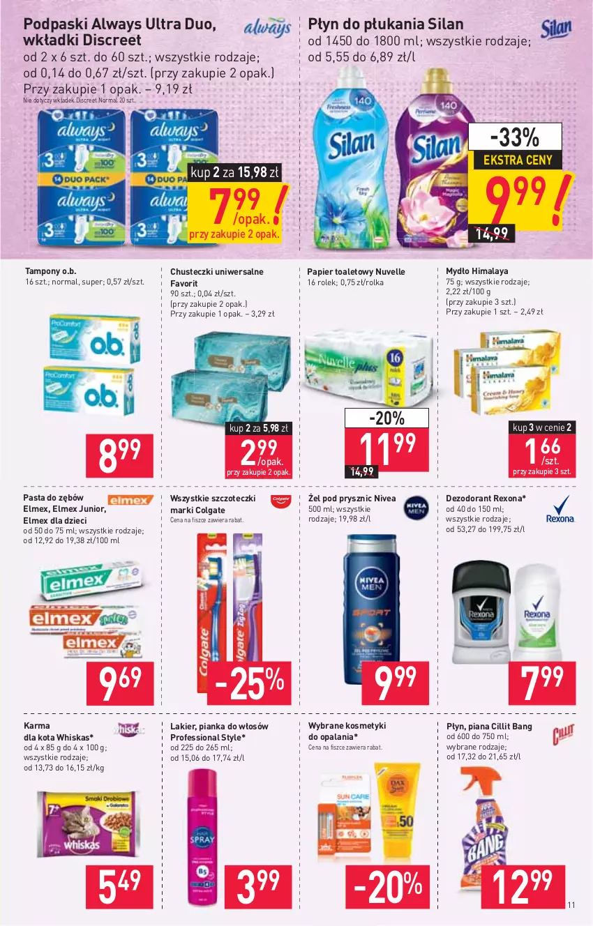 Gazetka promocyjna Stokrotka - Market - ważna 15.07 do 21.07.2021 - strona 11 - produkty: Always, Always Ultra, Chusteczki, Cillit Bang, Colgate, Dezodorant, Discreet, Dzieci, Elmex, Fa, Himalaya, Lakier, LG, Mydło, Nivea, O.B., Papier, Papier toaletowy, Pasta do zębów, Pianka do włosów, Płyn do płukania, Podpaski, Rexona, Silan, Tampony, Whiskas, Wkładki