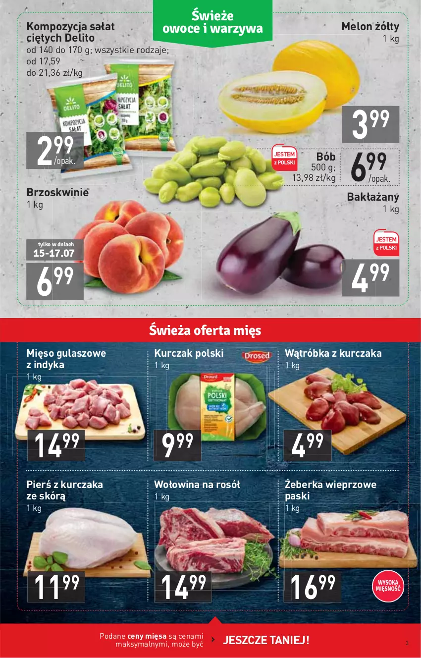 Gazetka promocyjna Stokrotka - Market - ważna 15.07 do 21.07.2021 - strona 3 - produkty: Brzoskwinie, Kurczak, Melon, Mięso, Rosół, Sałat, Wołowina