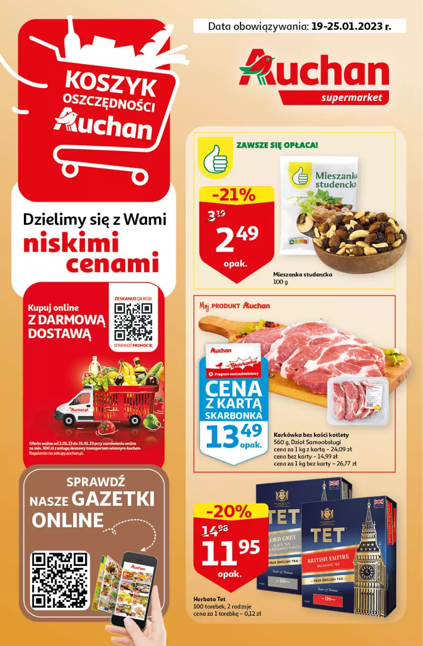 Gazetka promocyjna Auchan - Gazetka Koszyk Oszczędności Auchan Supermarket - ważna 19.01 do 25.01.2023 - strona 1 - produkty: Herbata, Kotlet, Mieszanka studencka