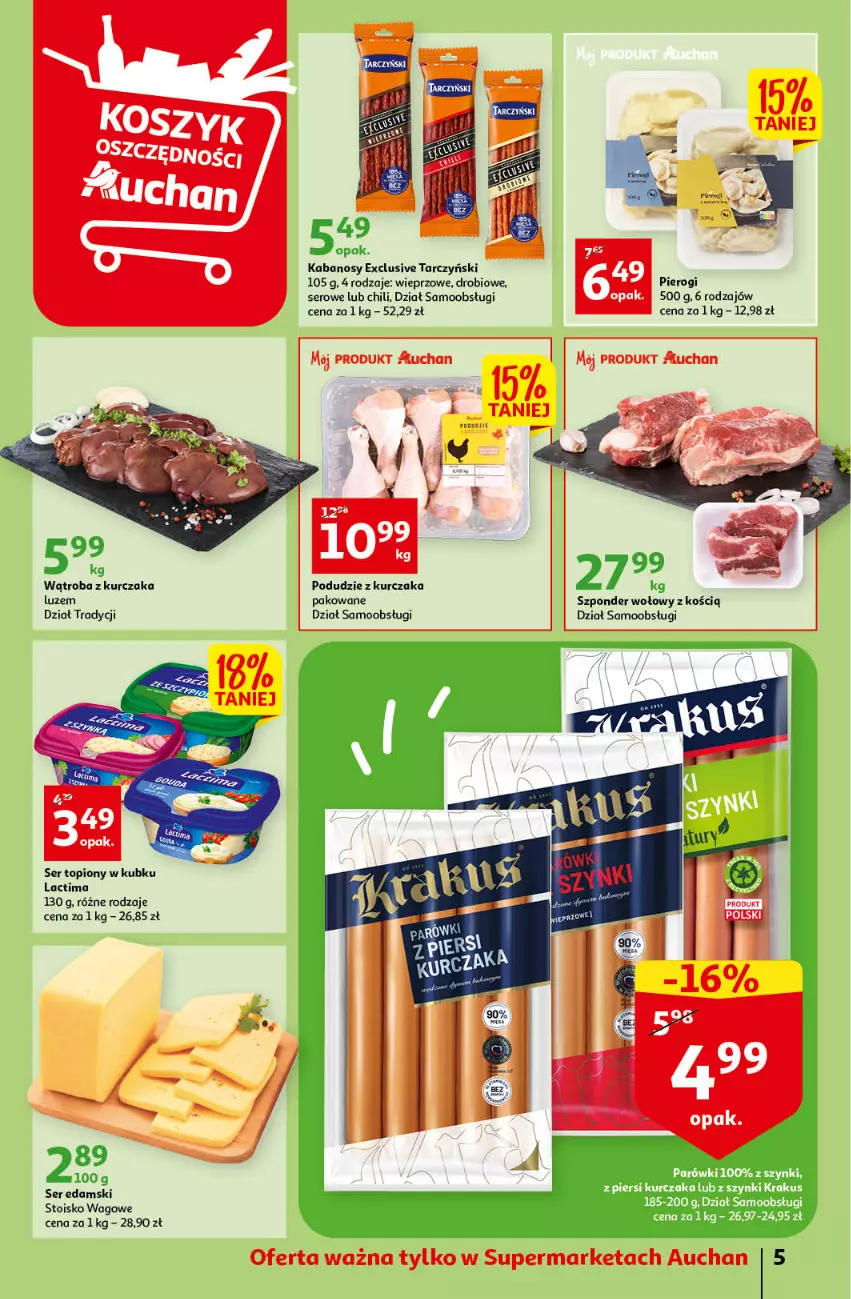 Gazetka promocyjna Auchan - Gazetka Koszyk Oszczędności Auchan Supermarket - ważna 19.01 do 25.01.2023 - strona 5 - produkty: Edam, Kabanos, Krakus, Kurczak, Parówki, Pierogi, Podudzie z kurczaka, Ser, Ser topiony, Szponder wołowy, Tarczyński, Top