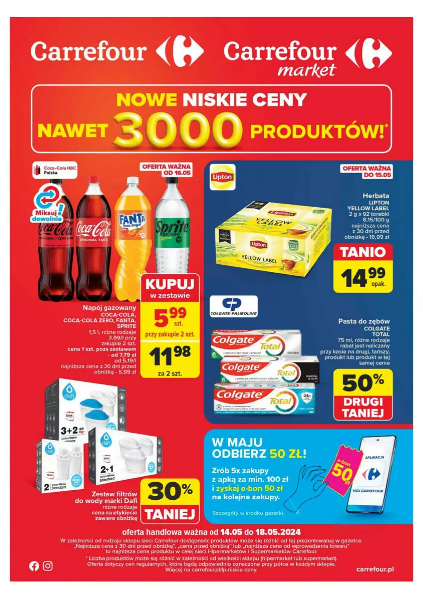 Gazetka promocyjna Carrefour - ważna 14.05 do 18.05.2024 - strona 1 - produkty: Colgate, Colgate Total, Herbata, LG, Olej, Pasta do zębów