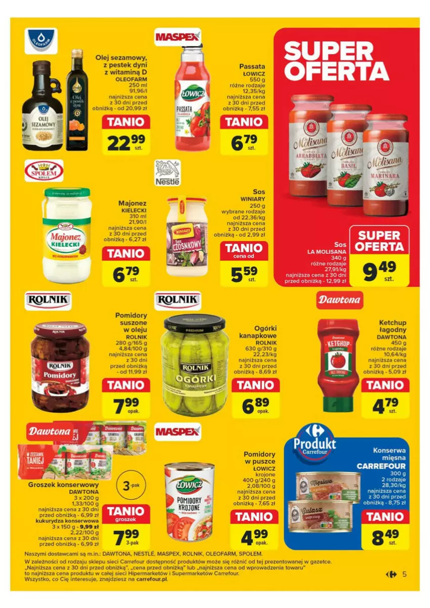 Gazetka promocyjna Carrefour - ważna 14.05 do 18.05.2024 - strona 32 - produkty: Dawtona, Fa, Groszek, Ketchup, Kukurydza, Kukurydza konserwowa, Majonez, Olej, Olej sezamowy, Oleo, Oleofarm, Pomidory, Rolnik, Ser, Sezam, Sos, Stek, Winiary