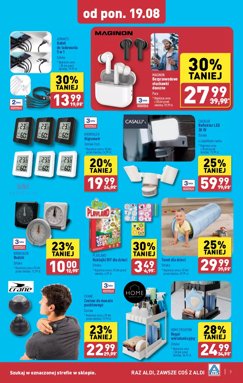 Gazetka promocyjna Aldi - Lato SUPER CEN - ważna 19.08 do 31.08.2024 - strona 7 - produkty: Budzik, Dzieci, Gin, Klej, Reflektor, Reflektor LED, Regał, Słuchawki, Tunel