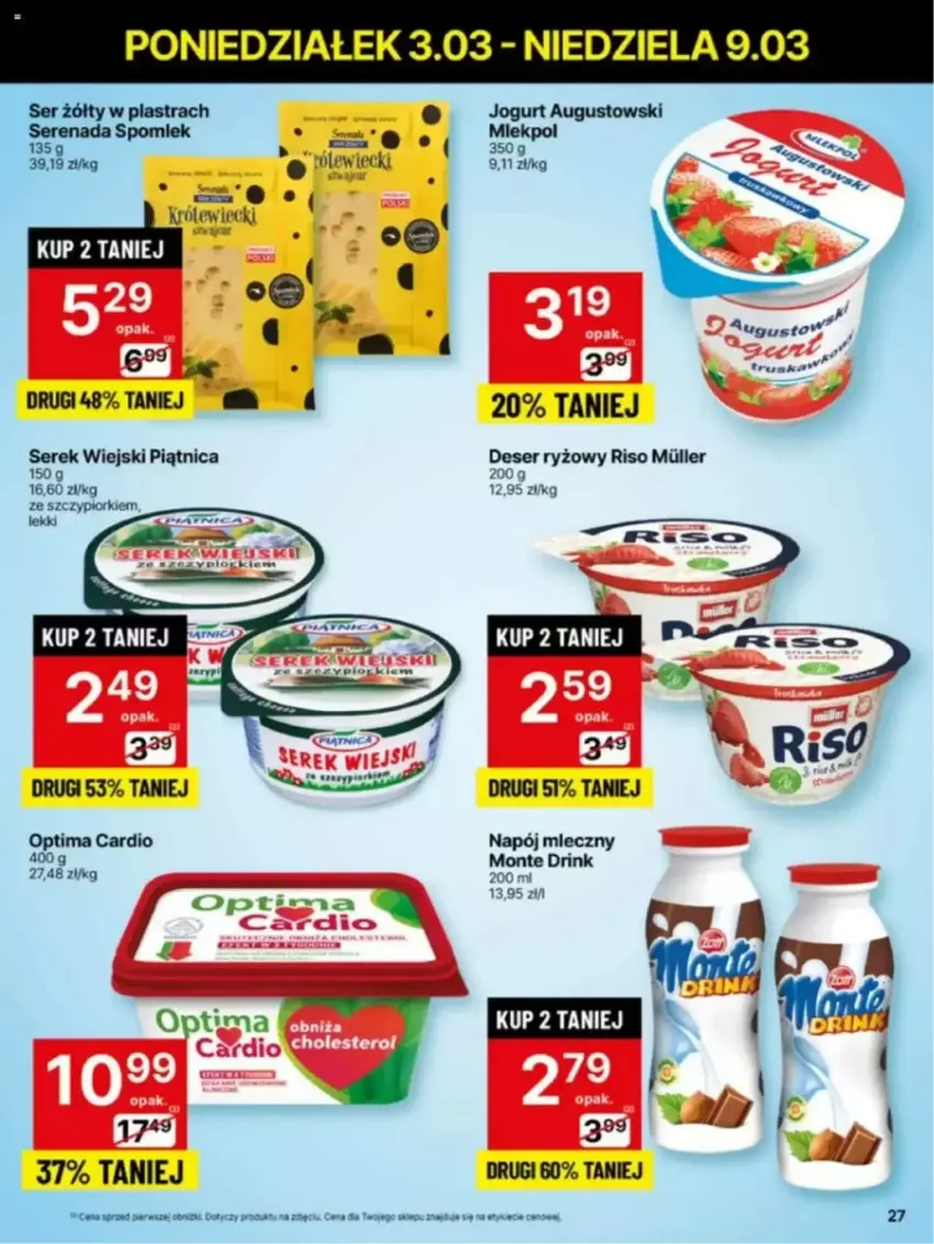 Gazetka promocyjna Delikatesy Centrum - ważna 03.03 do 10.03.2025 - strona 20 - produkty: Deser, Jogurt, Monte, Napój, Napój mleczny, Optima, Optima Cardio, Piątnica, Ryż, Ser, Serek, Serek wiejski