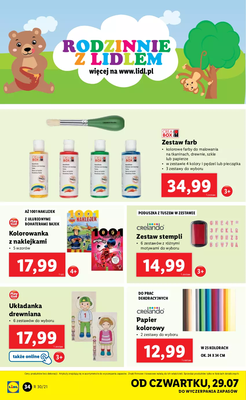 Gazetka promocyjna Lidl - GAZETKA - ważna 26.07 do 31.07.2021 - strona 34 - produkty: Fa, Klej, Kolorowanka, Papier, Piec, Pieczątka, Poduszka, Tera, Tusz, Układanka