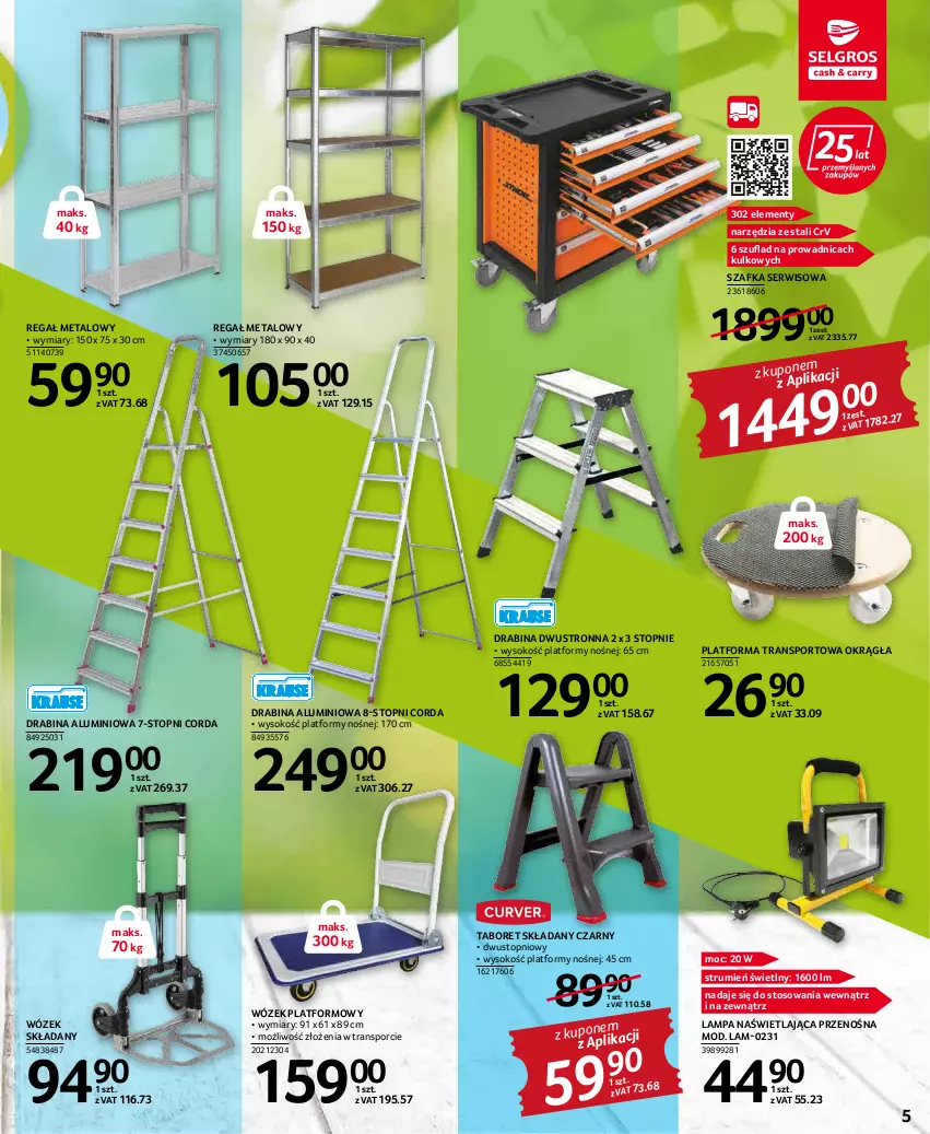 Gazetka promocyjna Selgros - Katalog Ogród - ważna 17.03 do 30.03.2022 - strona 5 - produkty: Drabina, Lampa, Por, Regał, Regał metalowy, Rum, Ser, Sok, Sport, Szafka, Taboret, Taboret składany, Top, Tran, Wózek