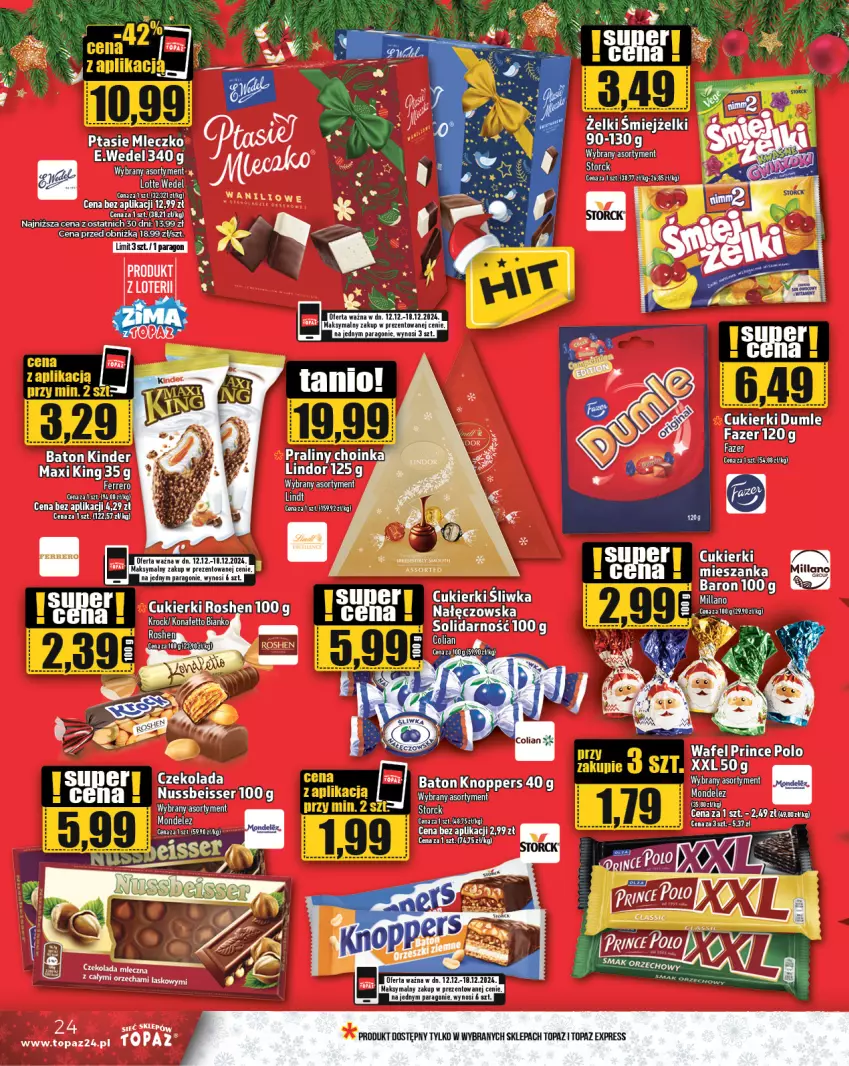 Gazetka promocyjna Topaz - Gazetka - ważna 12.12 do 18.12.2024 - strona 24 - produkty: Choinka, Cukier, Cukierki, Czekolada, Fa, Ferrero, Inka, LG, Lindor, Mleczko, Praliny, Prince Polo, Ptasie mleczko, Ser, Top