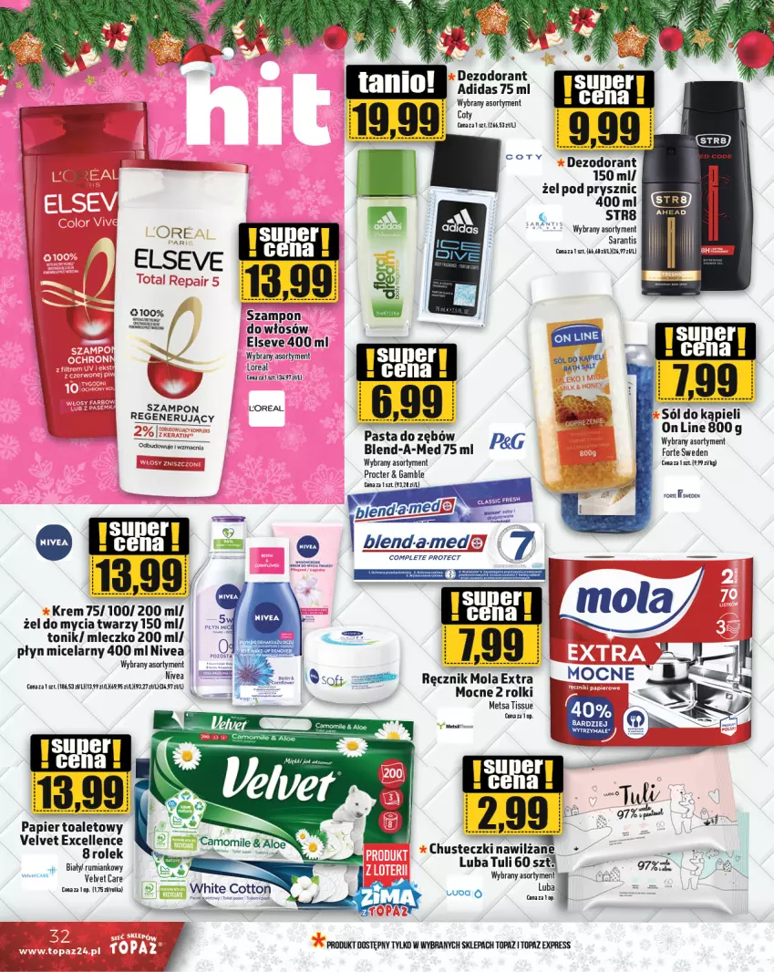 Gazetka promocyjna Topaz - Gazetka - ważna 12.12 do 18.12.2024 - strona 32 - produkty: Adidas, Blend-a-Med, Chusteczki, Dezodorant, Elseve, Miecz, Mola, Nivea, Papier, Płyn micelarny, Ręcznik, Rolki, Rum, Sól, Sól do kąpieli, Str8, Szampon, Tonik, Top, Velvet