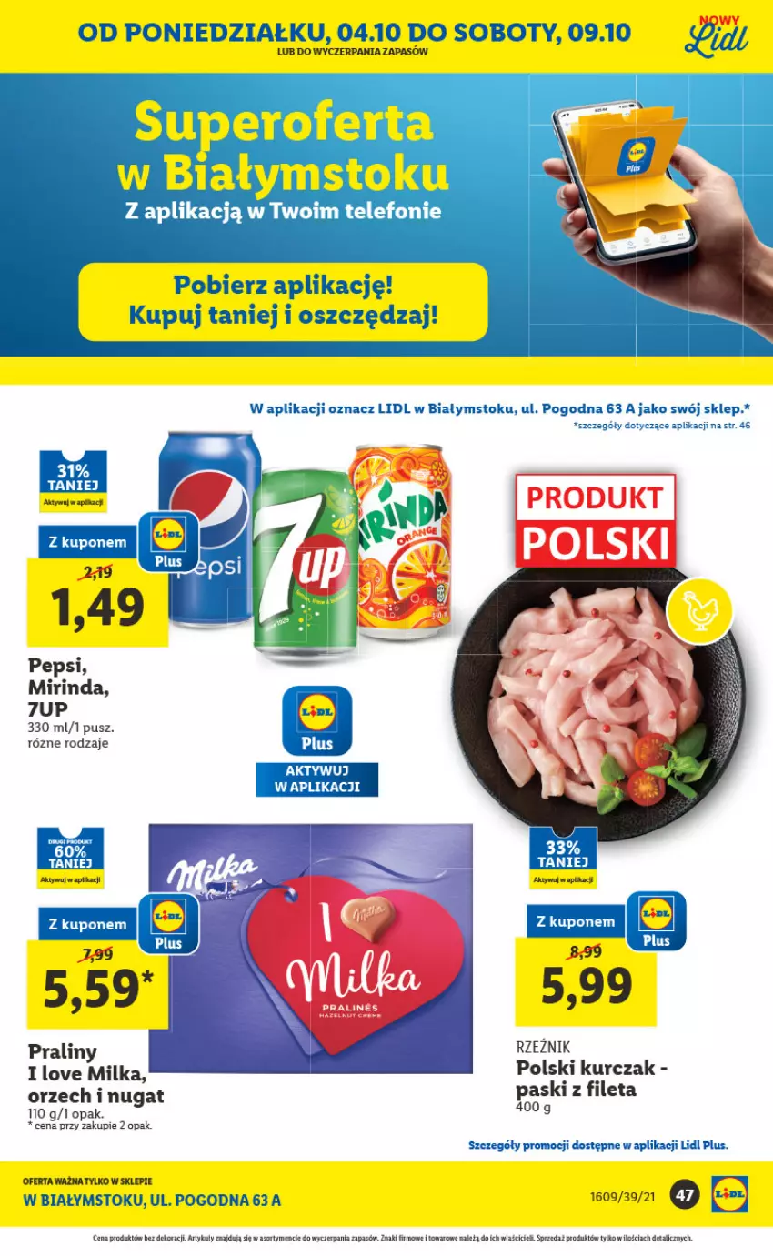 Gazetka promocyjna Lidl - Ponowne otwarcie Lidla - ważna 04.10 do 09.10.2021 - strona 47 - produkty: 7up, Kurczak, Milka, Mirinda, Pax, Pepsi, Praliny, Telefon