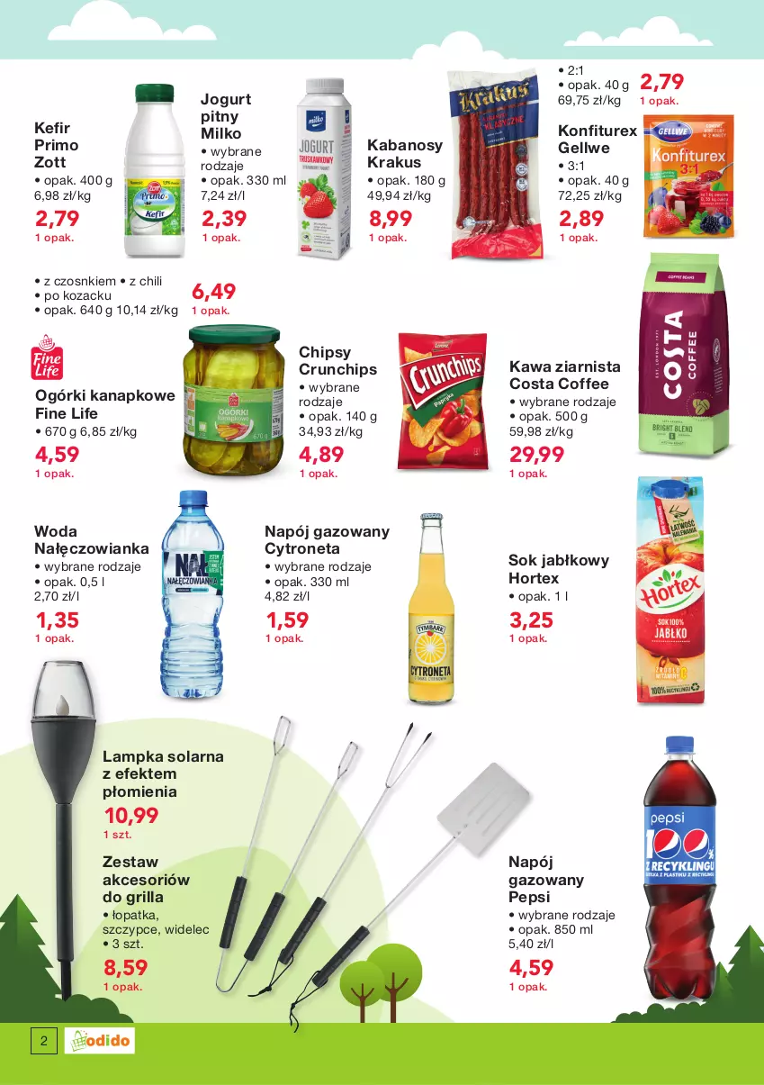 Gazetka promocyjna Odido - SUPER OFERTY! - ważna 17.06 do 30.06.2022 - strona 2 - produkty: Chipsy, Crunchips, Grill, Hortex, Jogurt, Jogurt pitny, Kabanos, Kawa, Kawa ziarnista, Kefir, Krakus, Nałęczowianka, Napój, Napój gazowany, Pepsi, Sok, Sok jabłkowy, Szczypce, Widelec, Woda, Zott