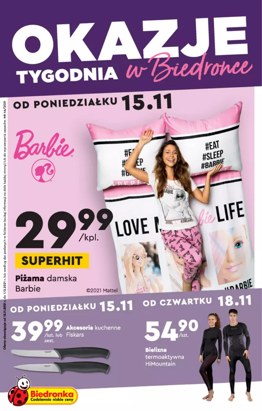 Gazetka promocyjna Biedronka - Okazje tygodnia - ważna 15.11 do 01.12.2021 - strona 1 - produkty: Barbie, Mattel, Piżama