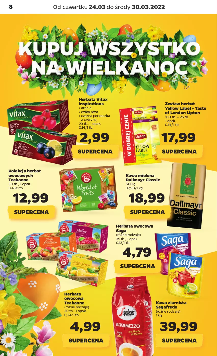 Gazetka promocyjna Netto - Gazetka spożywcza 24.03-30.03 - ważna 24.03 do 30.03.2022 - strona 8 - produkty: Aronia, Dallmayr, Dzika róża, Herbata, Herbata owocowa, Kawa, Kawa mielona, Kawa ziarnista, Lipton, Por, Róża, Saga, Segafredo, Teekanne, Vitax