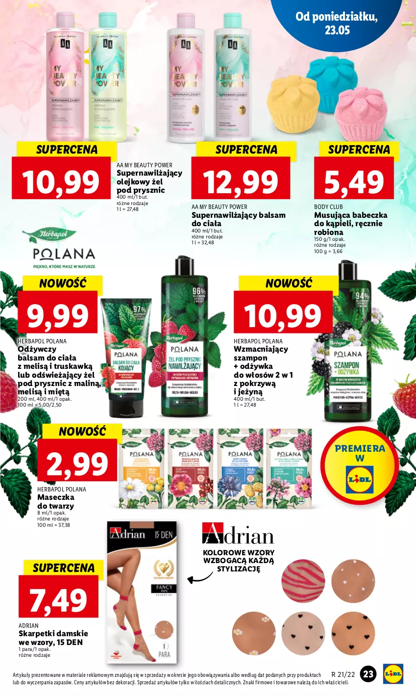 Gazetka promocyjna Lidl - GAZETKA - ważna 23.05 do 25.05.2022 - strona 23 - produkty: Balsam do ciała, Body, Herbapol, Karp, LANA, Mus, Nawilżający balsam, Odżywka, Olej, Skarpetki, Szampon