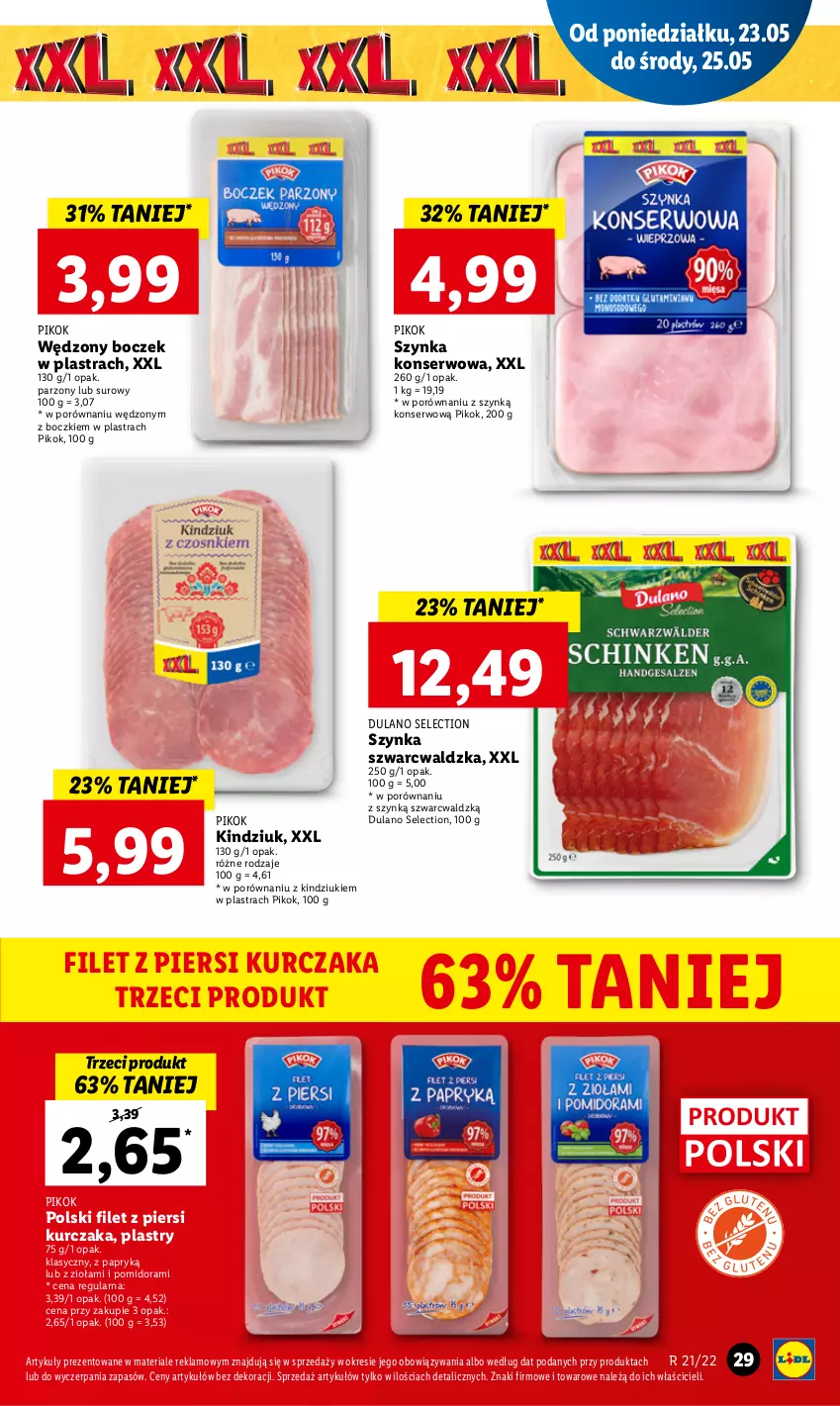 Gazetka promocyjna Lidl - GAZETKA - ważna 23.05 do 25.05.2022 - strona 29 - produkty: Boczek, Dulano, Filet z piersi kurczaka, Kindziuk, Kurczak, PIKOK, Por, Ser, Szynka, Szynka konserwowa