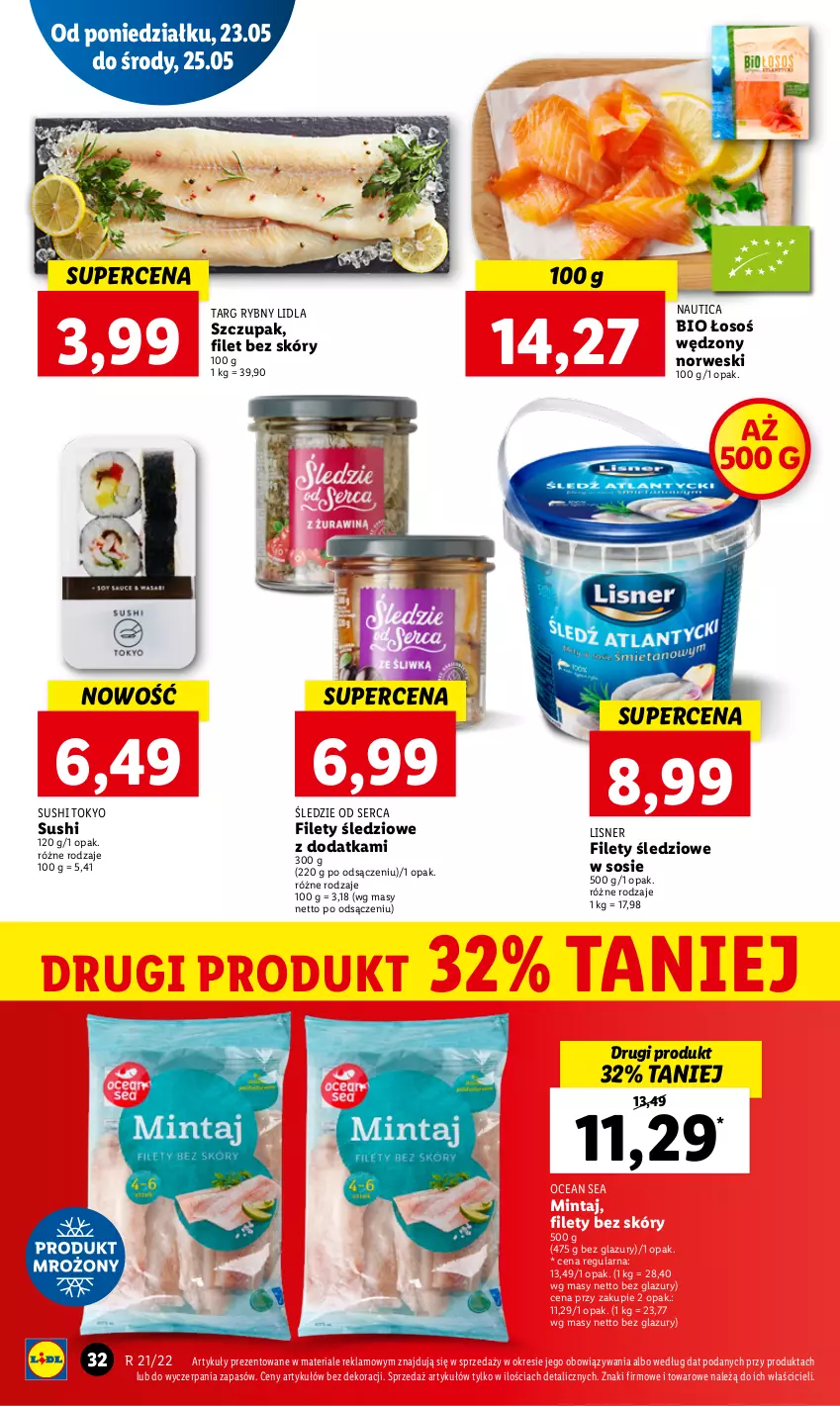 Gazetka promocyjna Lidl - GAZETKA - ważna 23.05 do 25.05.2022 - strona 32 - produkty: Lazur, Lisner, Mintaj, Ser, Sos, Sushi, Zupa