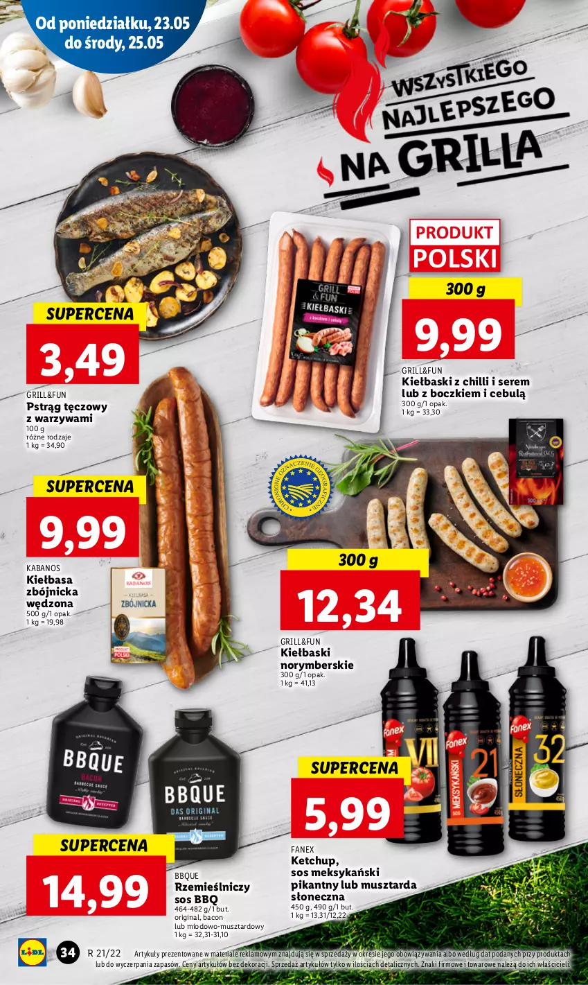 Gazetka promocyjna Lidl - GAZETKA - ważna 23.05 do 25.05.2022 - strona 34 - produkty: Fa, Gin, Grill, Kabanos, Ketchup, Kiełbasa, Mus, Musztarda, Pstrąg, Pstrąg tęczowy, Ser, Sos, Warzywa