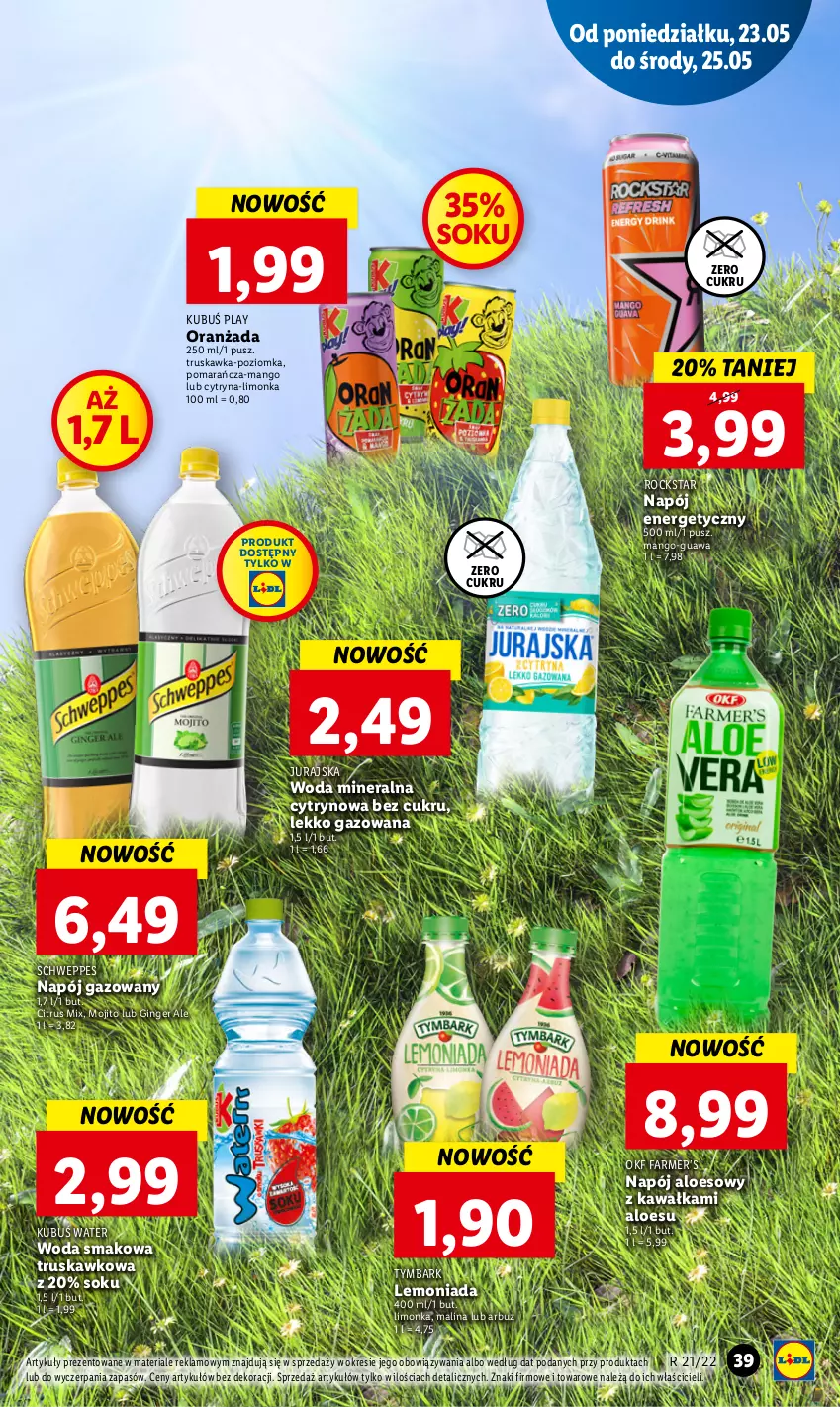 Gazetka promocyjna Lidl - GAZETKA - ważna 23.05 do 25.05.2022 - strona 39 - produkty: Arbuz, Fa, Gin, Kawa, Kubuś, Lemoniada, Limonka, Mango, Napój, Napój energetyczny, Napój gazowany, Oranżada, Schweppes, Sok, Tymbark, Woda, Woda mineralna