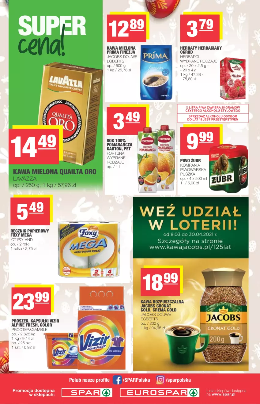 Gazetka promocyjna Spar - Eurospar - ważna 24.03 do 30.03.2021 - strona 6 - produkty: Fortuna, Herbapol, Jacobs, Kawa, Kawa mielona, Kawa rozpuszczalna, Ogród, Papier, Piwo, Prima, Ręcznik, Rolki, Sok, Vizir