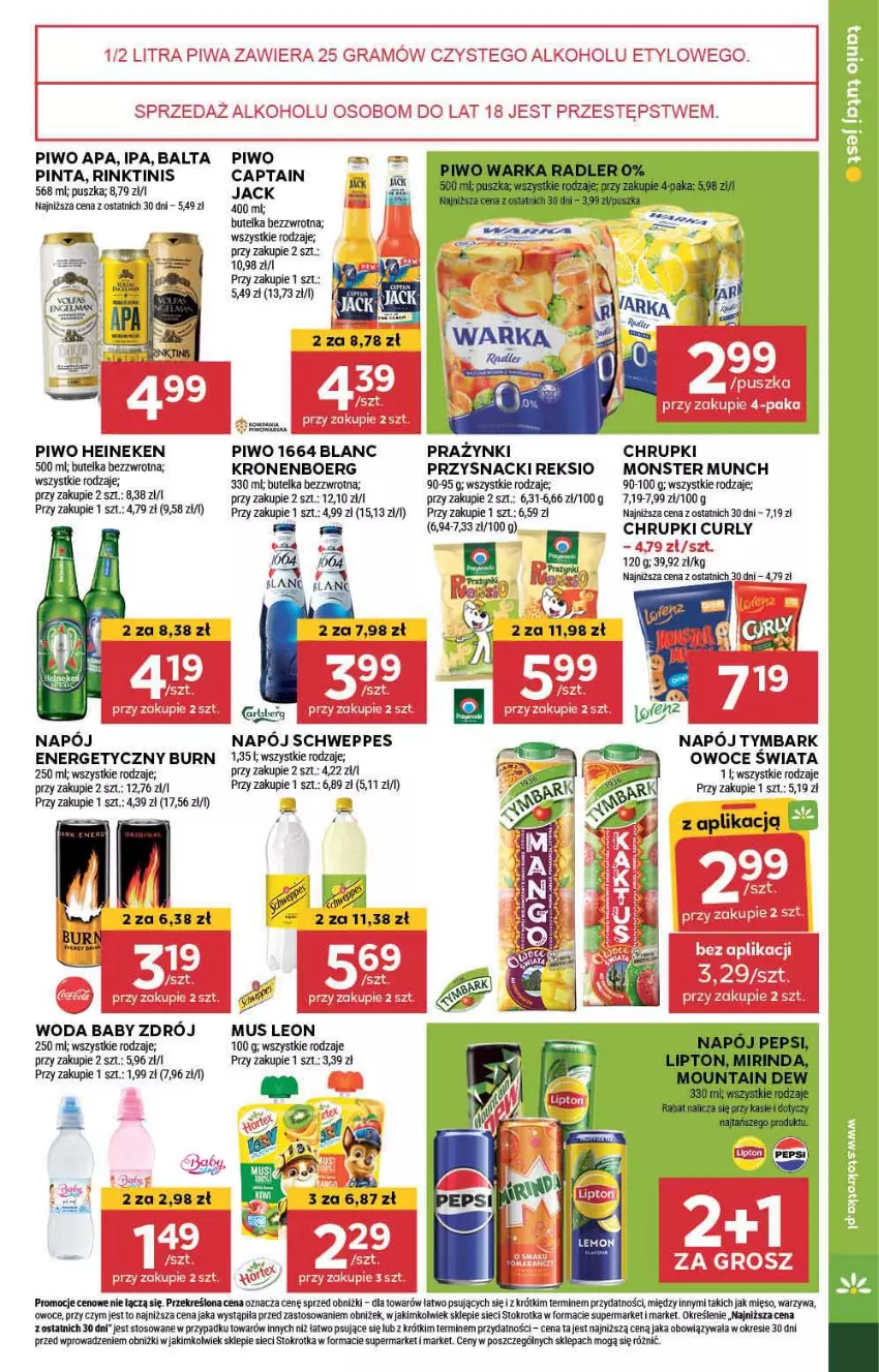 Gazetka promocyjna Stokrotka - Supermarket - ważna 20.06 do 26.06.2024 - strona 19 - produkty: Captain Jack, Chrupki, Gra, Heineken, Leon, Lipton, Mięso, Mirinda, Monster Munch, Mus, Napój, Napój energetyczny, Owoce, Pepsi, Piwa, Piwo, Przysnacki, Radler, Schweppes, Tymbark, Warka, Warzywa, Woda