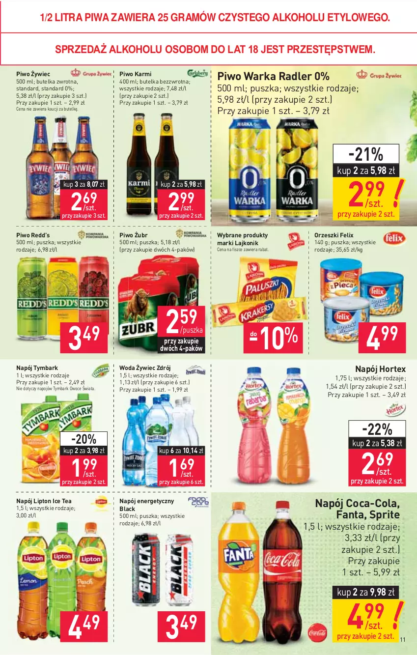 Gazetka promocyjna Stokrotka - Supermarket - ważna 13.05 do 19.05.2021 - strona 11 - produkty: Coca-Cola, Fa, Fanta, Felix, Gra, Hortex, Ice tea, Karmi, Lack, Lajkonik, Lipton, Napój, Napój energetyczny, Orzeszki, Owoce, Piwa, Piwo, Radler, Sprite, Tymbark, Warka, Woda