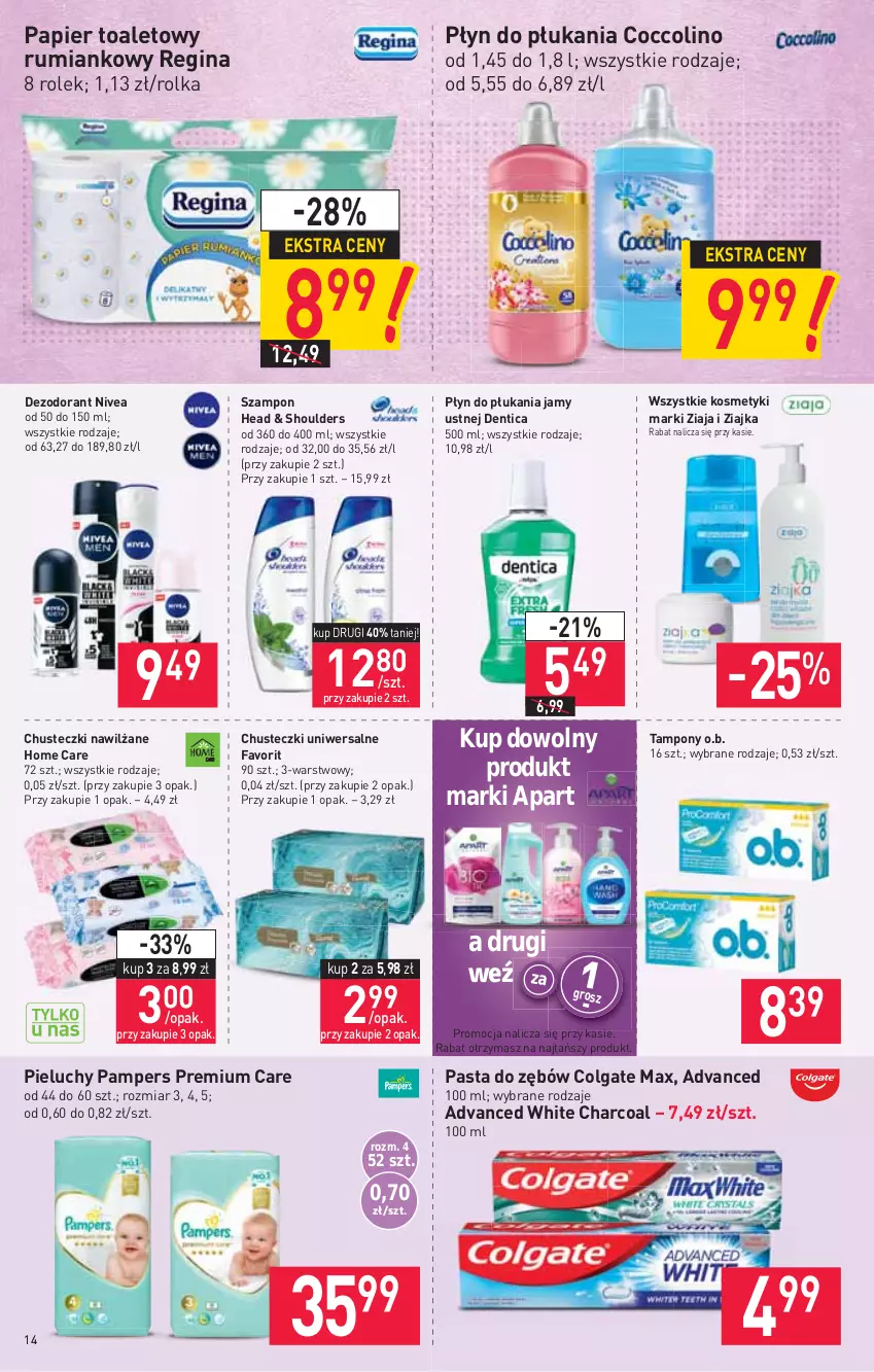 Gazetka promocyjna Stokrotka - Supermarket - ważna 13.05 do 19.05.2021 - strona 14 - produkty: Chusteczki, Coccolino, Colgate, Dezodorant, Fa, Gin, LG, Nivea, O.B., Pampers, Papier, Papier toaletowy, Pasta do zębów, Pieluchy, Płyn do płukania, Płyn do płukania jamy ustnej, Rum, Szampon, Tampony, Ziaja, Ziajka