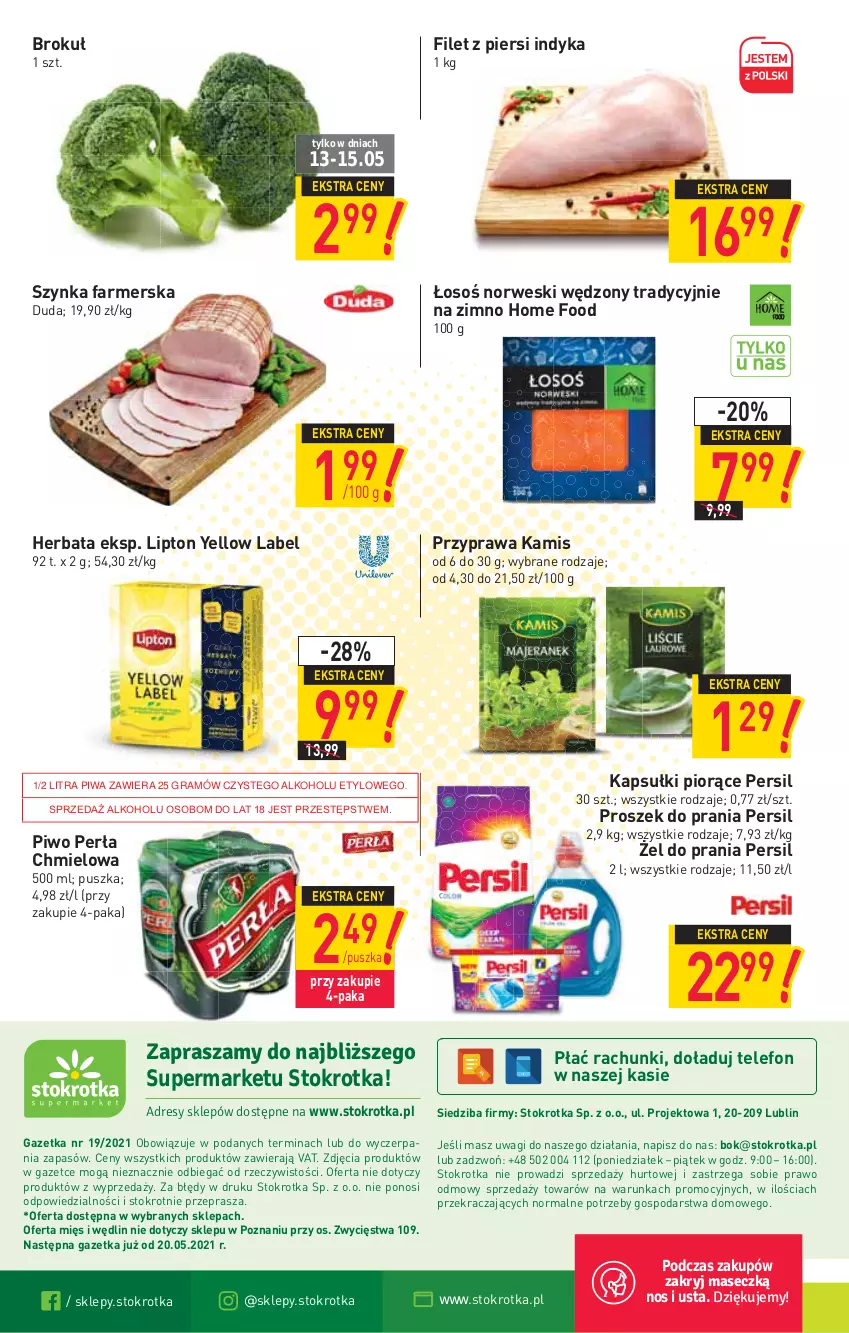 Gazetka promocyjna Stokrotka - Supermarket - ważna 13.05 do 19.05.2021 - strona 16 - produkty: Duda, Fa, Filet z piersi indyka, Gra, Herbata, Kamis, Lipton, O nas, Perła, Persil, Piwa, Piwo, Proszek do prania, Szynka, Szynka farmerska, Telefon, Wagi