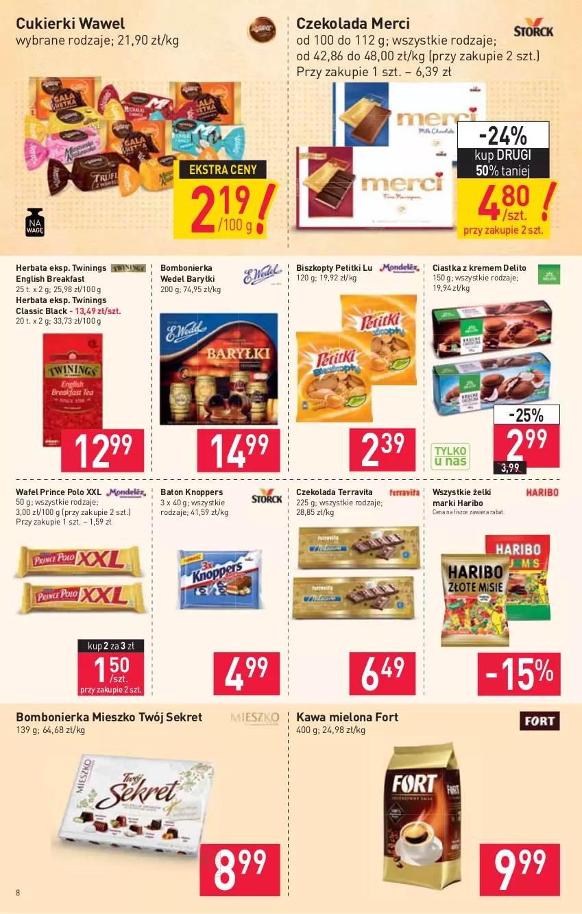 Gazetka promocyjna Stokrotka - Supermarket - ważna 13.05 do 19.05.2021 - strona 8 - produkty: Baryłki, Baton, Biszkopty, Ciastka, Cukier, Cukierki, Czekolada, Fa, Haribo, Herbata, Kawa, Kawa mielona, Knoppers, Kret, Lack, Merci, Prince Polo, Wawel