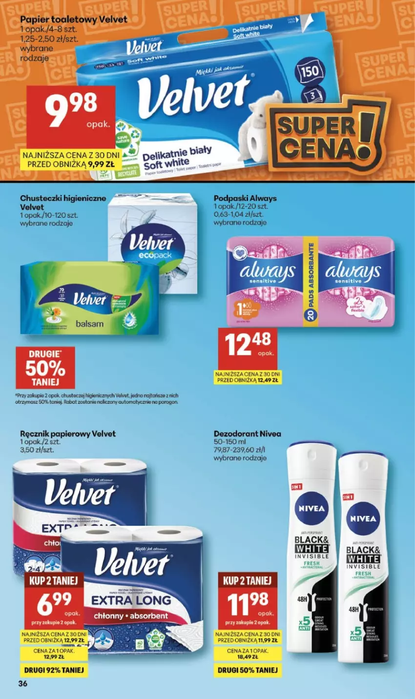 Gazetka promocyjna Delikatesy Centrum - Franczyza DC07 Czwartek - ważna 12.02 do 18.02.2026 - strona 36 - produkty: Always, Chusteczki, Dezodorant, Lack, Nivea, Papier, Podpaski, Ręcznik, Velvet