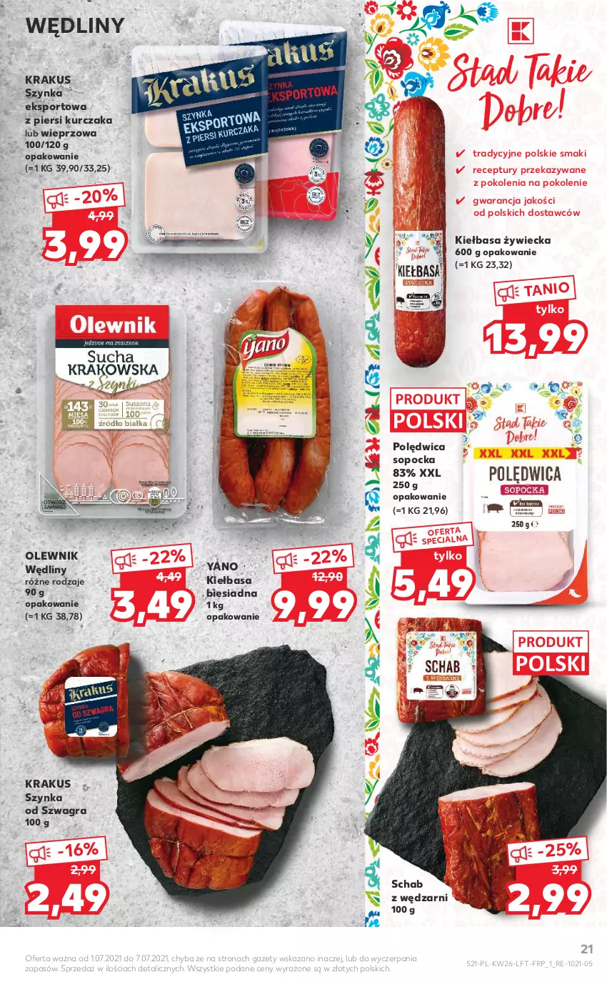 Gazetka promocyjna Kaufland - OFERTA TYGODNIA - ważna 01.07 do 07.07.2021 - strona 21 - produkty: Gra, Kiełbasa, Kiełbasa biesiadna, Krakus, Kurczak, Olewnik, Polędwica, Por, Sport, Szynka