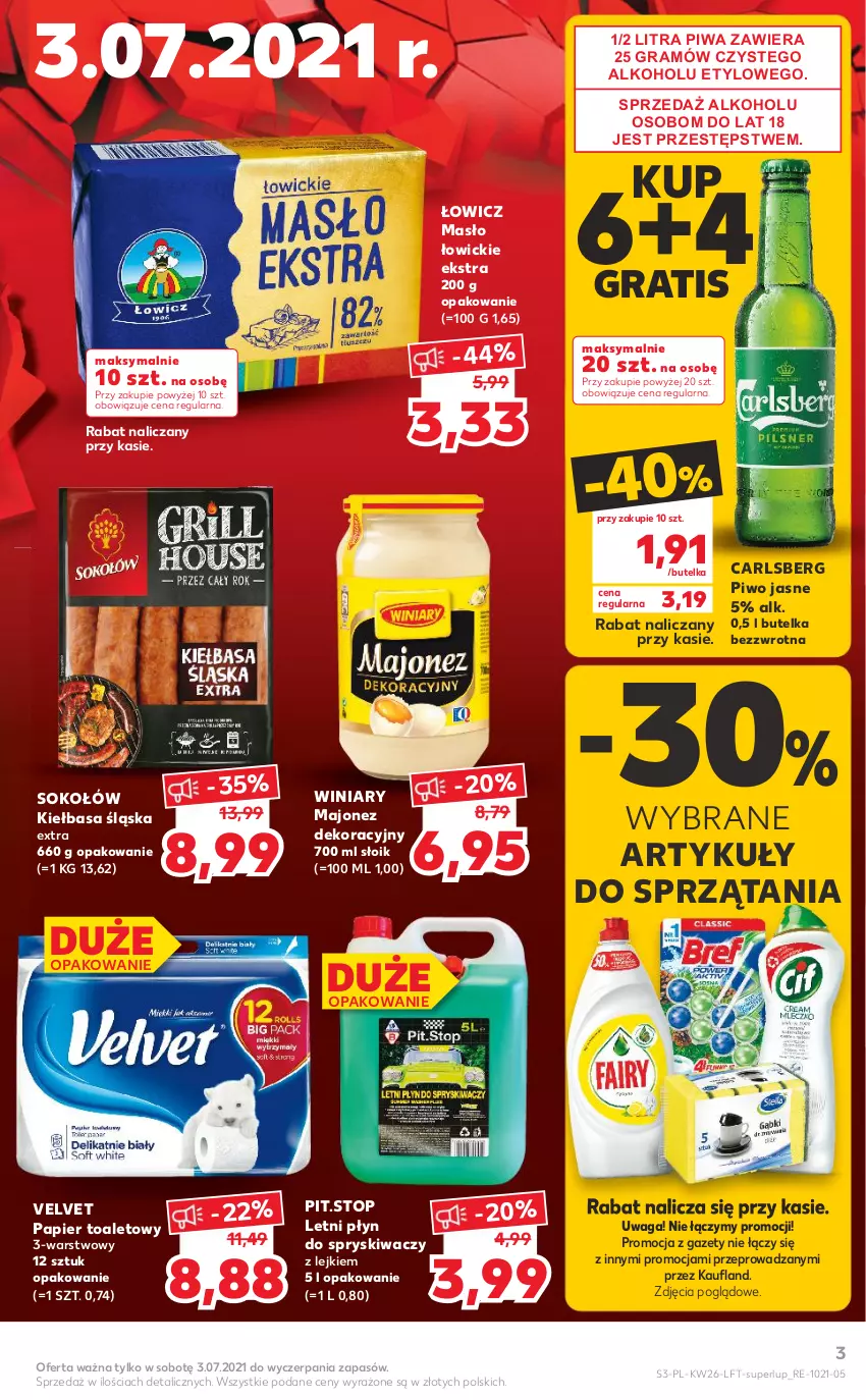 Gazetka promocyjna Kaufland - OFERTA TYGODNIA - ważna 01.07 do 07.07.2021 - strona 3 - produkty: Carlsberg, Gra, Kiełbasa, Kiełbasa śląska, Majonez, Masło, Papier, Papier toaletowy, Piwa, Piwo, Piwo jasne, Płyn do spryskiwaczy, Sok, Sokołów, Top, Velvet, Waga, Winiary