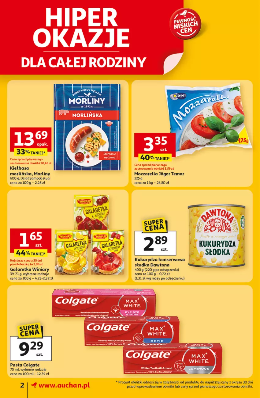 Gazetka promocyjna Auchan - Pewność niskich cen Supermarket - ważna 24.07 do 30.07.2025 - strona 2 - produkty: Colgate, Dawtona, Fa, Gala, Galaretka, Kiełbasa, Kukurydza, Kukurydza konserwowa, LG, Morliny, Mozzarella, Ser, Winiary