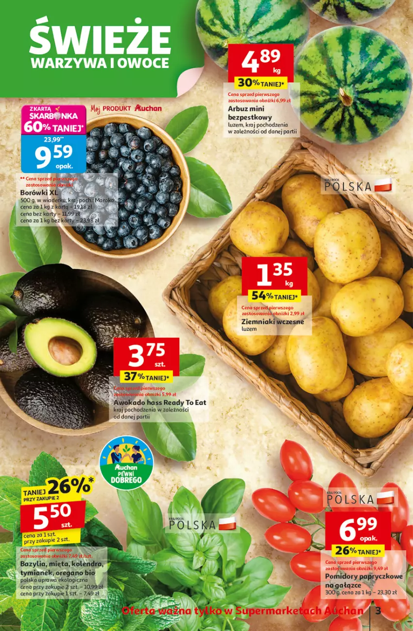Gazetka promocyjna Auchan - Pewność niskich cen Supermarket - ważna 24.07 do 30.07.2025 - strona 3 - produkty: Arbuz, Bazyl, Bazylia, Gra, HP, Kolendra, Mięta, Pomidory, Ziemniaki