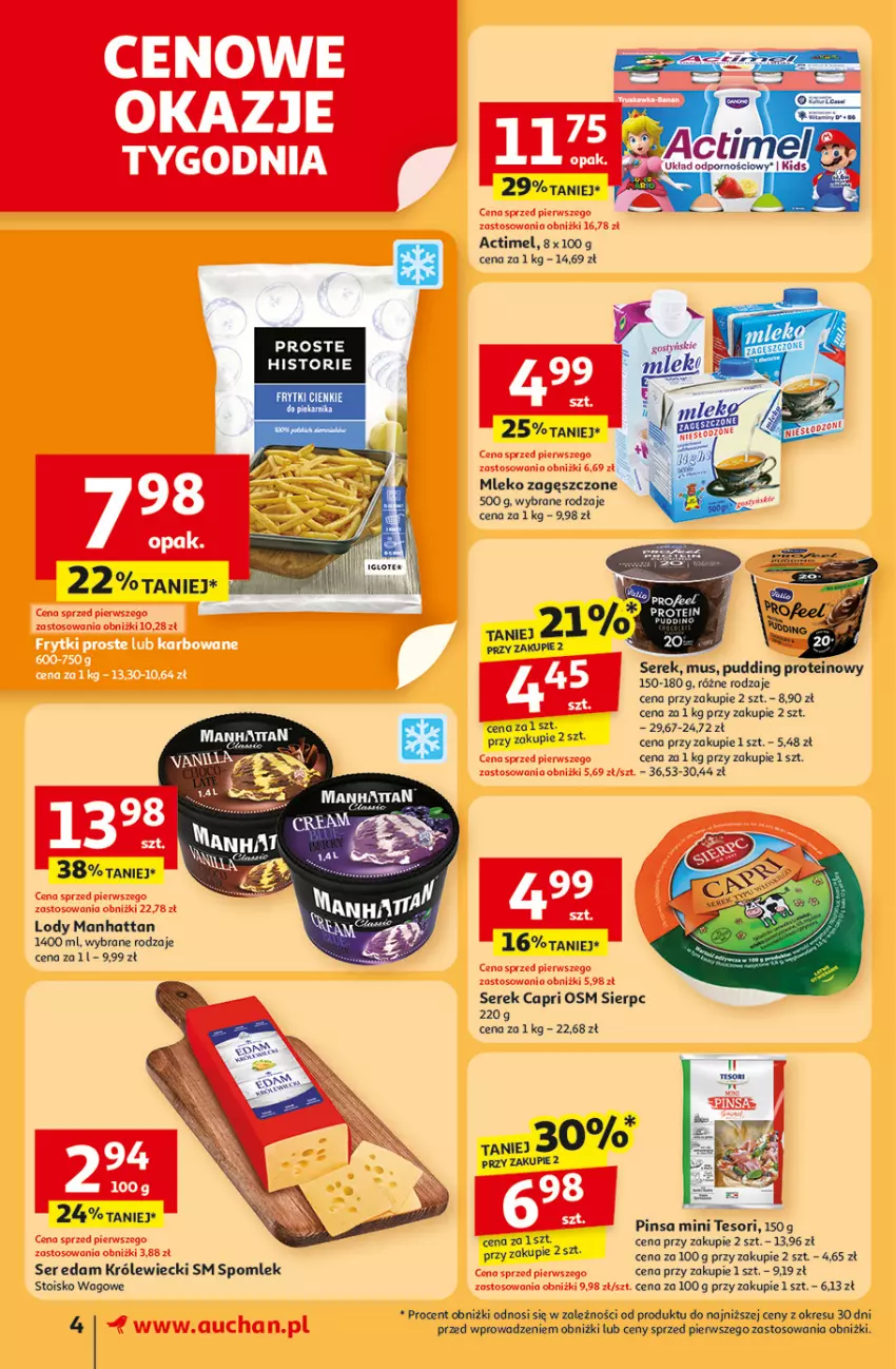 Gazetka promocyjna Auchan - Pewność niskich cen Supermarket - ważna 24.07 do 30.07.2025 - strona 4 - produkty: Actimel, Edam, Lody, Mleko, Mleko zagęszczone, Mus, Pudding, Ser, Serek, Tran