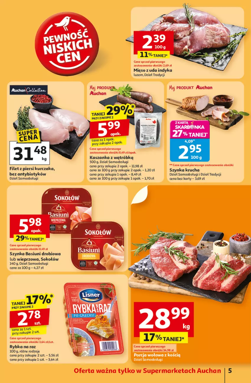 Gazetka promocyjna Auchan - Pewność niskich cen Supermarket - ważna 24.07 do 30.07.2025 - strona 5 - produkty: Kasza, Kaszanka, Kurczak, Mięso, Rybka na raz, Sok, Sokołów, Szynka