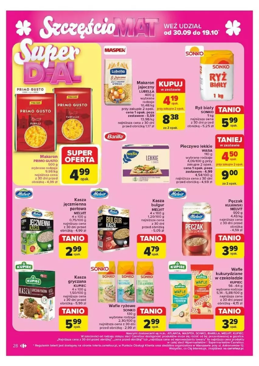 Gazetka promocyjna Carrefour - ważna 07.10 do 12.10.2024 - strona 21 - produkty: Barilla, Bell, Bella, Bulgur, Fa, Gry, Kasza, Kasza gryczana, Kasza jęczmienna, Kujawski, Kupiec, LG, Lubella, Makaron, Melvit, Piec, Pieczywo, Ryż, Ryż biały, Sonko, Wafle, Wasa