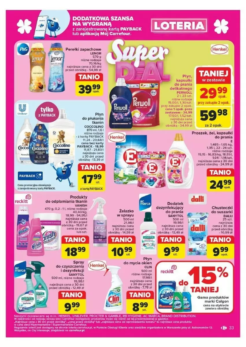 Gazetka promocyjna Carrefour - ważna 07.10 do 12.10.2024 - strona 27 - produkty: Calgon, Chusteczki, Clin, Coccolino, Kapsułki do prania, Koc, Lenor, LG, Perełki zapachowe, Płyn do płukania, Sanytol, Suszarki, Vanish