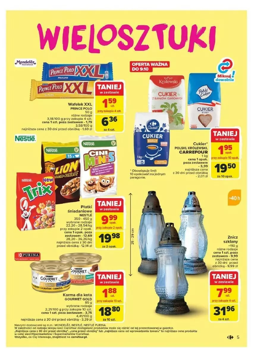 Gazetka promocyjna Carrefour - ważna 07.10 do 12.10.2024 - strona 45 - produkty: Cukier, Danio, Gourmet Gold, Królewski, Prince Polo, Pur, Purina, Wafelek, Znicz