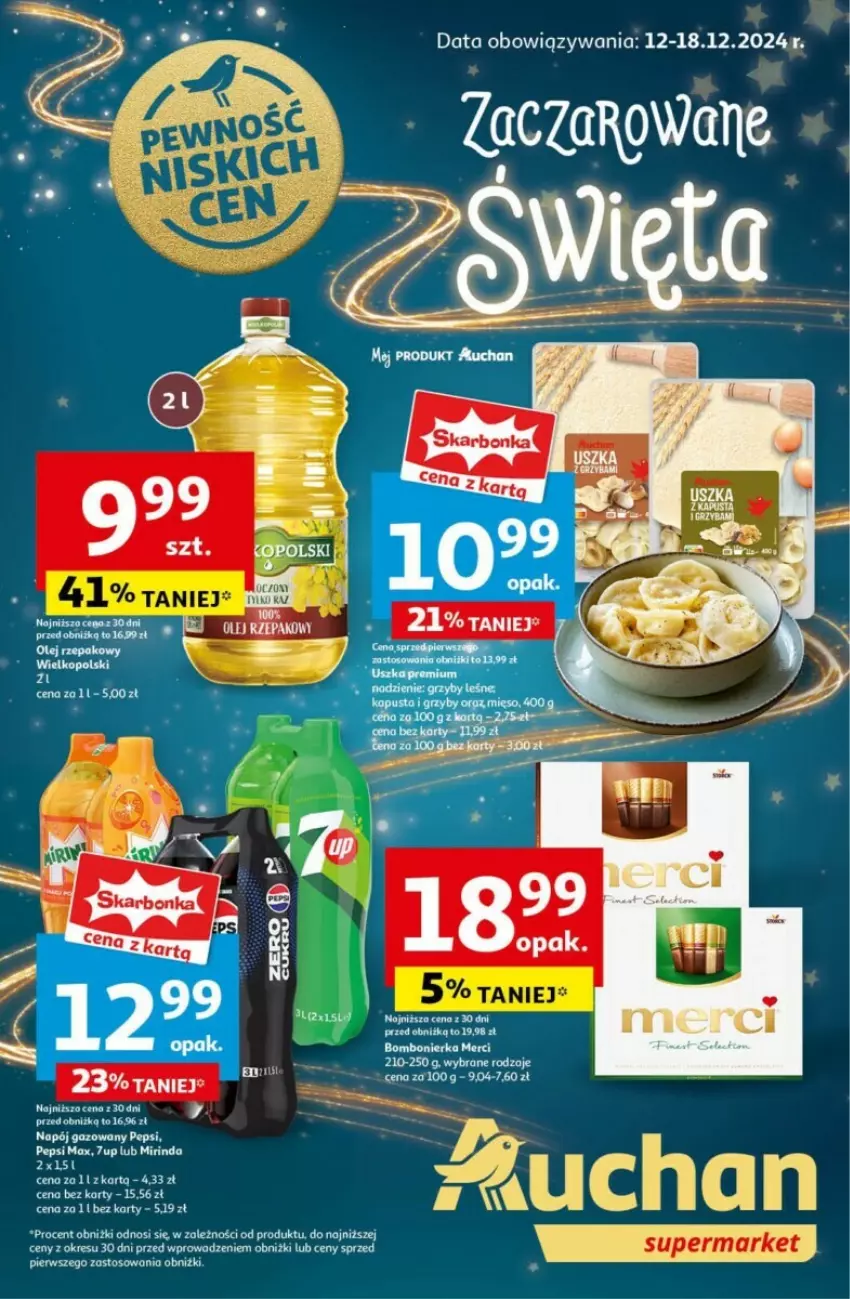 Gazetka promocyjna Auchan - ważna 12.12 do 18.12.2024 - strona 1 - produkty: 7up, Kozaki, Mirinda, Napój, Napój gazowany, Olej, Pepsi, Pepsi max