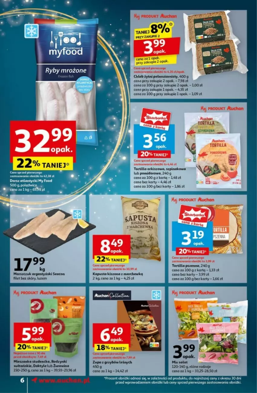 Gazetka promocyjna Auchan - ważna 12.12 do 18.12.2024 - strona 13 - produkty: Chleb, Daktyle, Dorsz, Mieszanka studencka, Rodzynki, Szpinak, Tortilla, Zupa