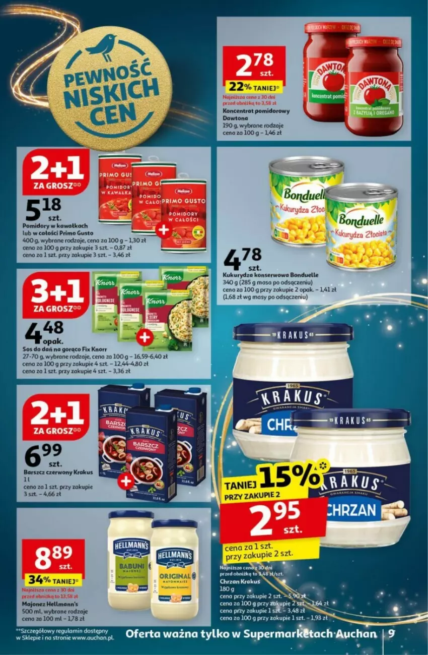 Gazetka promocyjna Auchan - ważna 12.12 do 18.12.2024 - strona 3 - produkty: Babuni, Bonduelle, Chrzan, Dawtona, Gin, Kawa, Knorr, Koncentrat pomidorowy, Krakus, Kukurydza, Kukurydza konserwowa, Majonez, Pomidory, Pomidory w kawałkach, Ser, Sos