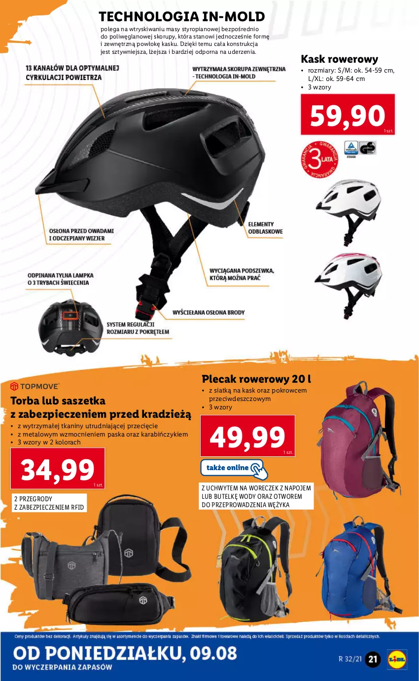 Gazetka promocyjna Lidl - GAZETKA - ważna 09.08 do 14.08.2021 - strona 21 - produkty: Kask, Napoje, Piec, Plecak, Por, Rower, Torba, Woreczek