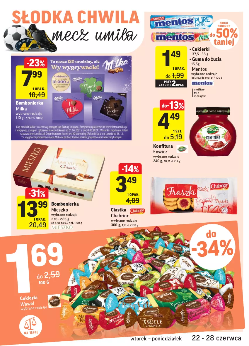 Gazetka promocyjna Intermarche - Zwyciężamy Okazjami - ważna 22.06 do 28.06.2021 - strona 28 - produkty: Chabrior, Ciastka, Cukier, Cukierki, Guma do żucia, Konfitura, Mentos, Milka, Słodka Chwila, Wawel