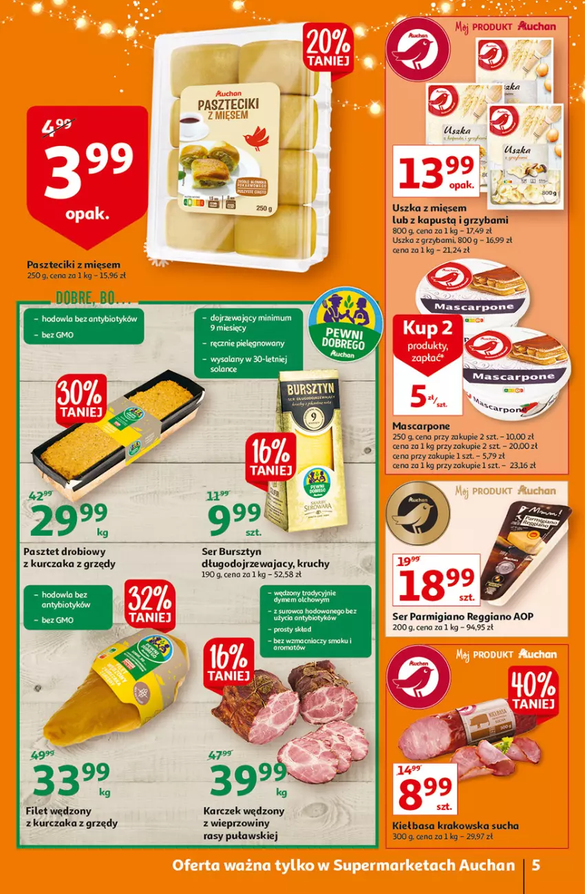 Gazetka promocyjna Auchan - Magia stołu wigilijnego Supermarkety - ważna 16.12 do 24.12.2021 - strona 5 - produkty: Bursztyn, Fa, Kapustą, Kiełbasa, Kiełbasa krakowska, Kurczak, Mascarpone, Pasztet, Ser, Solan