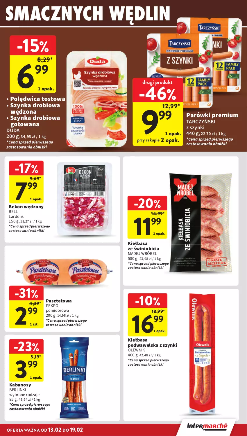 Gazetka promocyjna Intermarche - Gazetka promocyjna - ważna 13.02 do 19.02.2025 - strona 21 - produkty: Beko, Bell, Berlinki, BIC, Duda, Kabanos, Kiełbasa, Kiełbasa podwawelska, Madej Wróbel, Olewnik, Parówki, Pasztet, Pekpol, Polędwica, Szynka, Tarczyński, Wawel