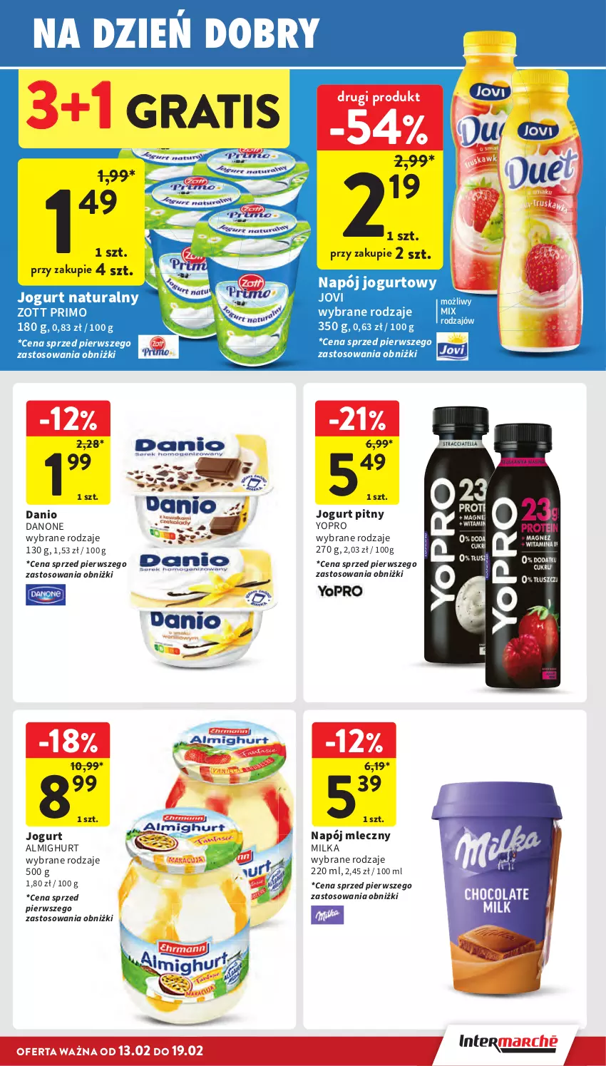 Gazetka promocyjna Intermarche - Gazetka promocyjna - ważna 13.02 do 19.02.2025 - strona 25 - produkty: Danio, Danone, Gra, Jogurt, Jogurt naturalny, Jogurt pitny, Milka, Napój, Napój jogurtowy, Napój mleczny, Zott, Zott Primo