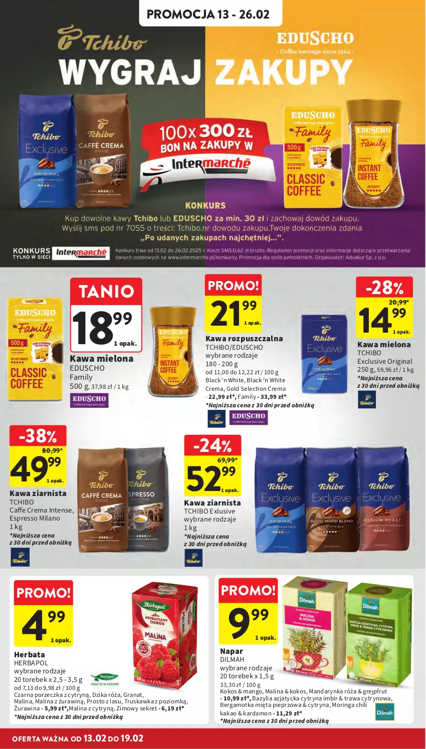 Gazetka promocyjna Intermarche - Gazetka promocyjna - ważna 13.02 do 19.02.2025 - strona 26 - produkty: Bazyl, Bazylia, Dilmah, Dzika róża, Fa, Gin, Gra, Granat, Grejpfrut, Herbapol, Herbata, Imbir, Kakao, Kawa, Kawa mielona, Kawa rozpuszczalna, Kawa ziarnista, Kokos, Kret, Lack, Mango, Mięta, Pieprz, Por, Róża, Tchibo