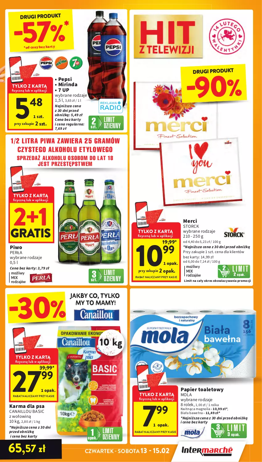 Gazetka promocyjna Intermarche - Gazetka promocyjna - ważna 13.02 do 19.02.2025 - strona 3 - produkty: Canaillou, Gra, Merci, Mirinda, Mola, Papier, Papier toaletowy, Pepsi, Perła, Piwa, Piwo, Wełna